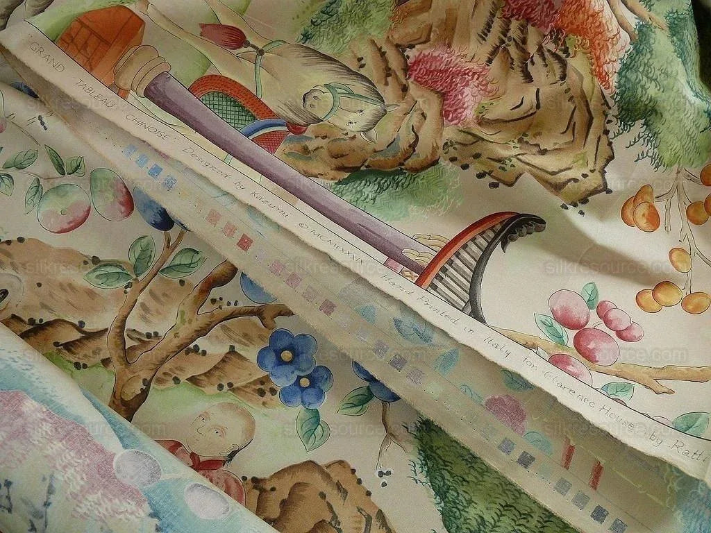 Clarence House Les Grand Tableau Chinoise Chinoiserie Figure Garden Pavillion Print Iconic 48 Screens Hand Printed in Italy MSRP USD 642/Y