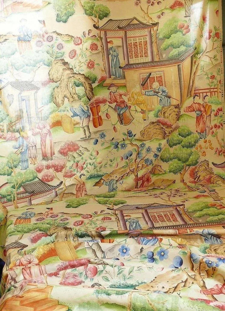 Clarence House Les Grand Tableau Chinoise Chinoiserie Figure Garden Pavillion Print Iconic 48 Screens Hand Printed in Italy MSRP USD 642/Y
