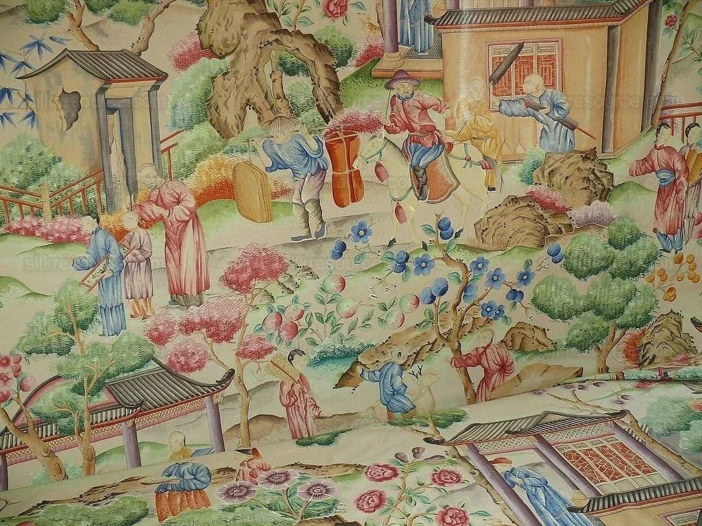 Clarence House Les Grand Tableau Chinoise Chinoiserie Figure Garden Pavillion Print Iconic 48 Screens Hand Printed in Italy MSRP USD 642/Y