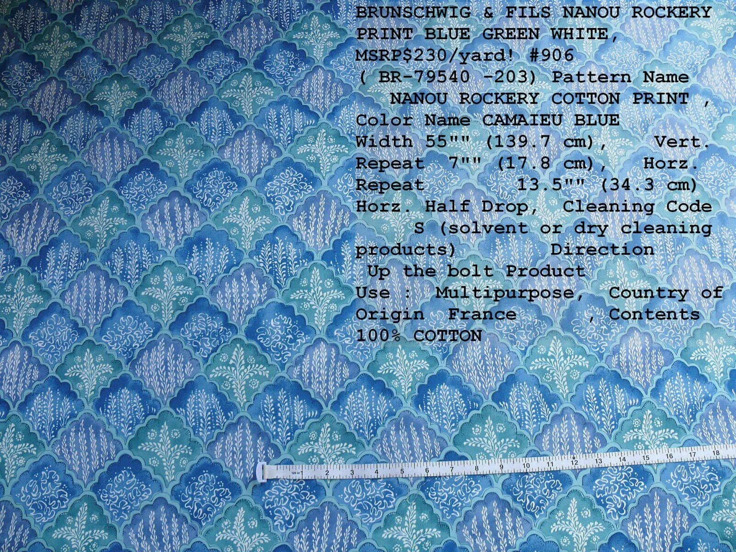10.2y Brunschwig &amp; Fils Nanou Rockery Print Blue Green White from Cabanel Collection #906