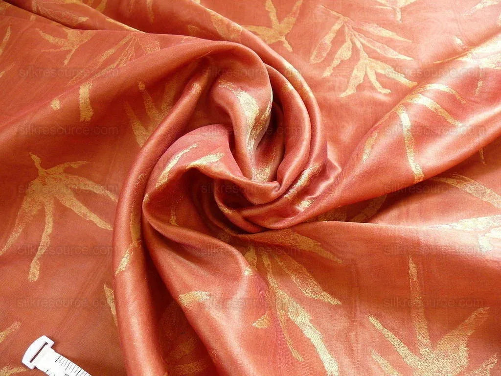 Telio &amp; Cie Silk Bamboo Leave Silk Lampas Red Gold Bty