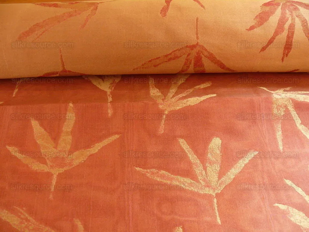 Telio &amp; Cie Silk Bamboo Leave Silk Lampas Red Gold Bty
