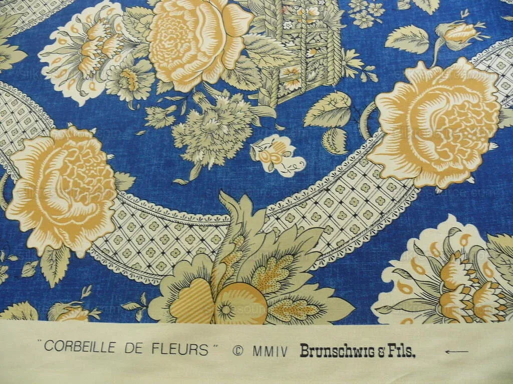 By Yard Brunschwig &amp; Fils Corbeille De Fleurs Navy &amp; Gold Sunflower Yellow French Country Print