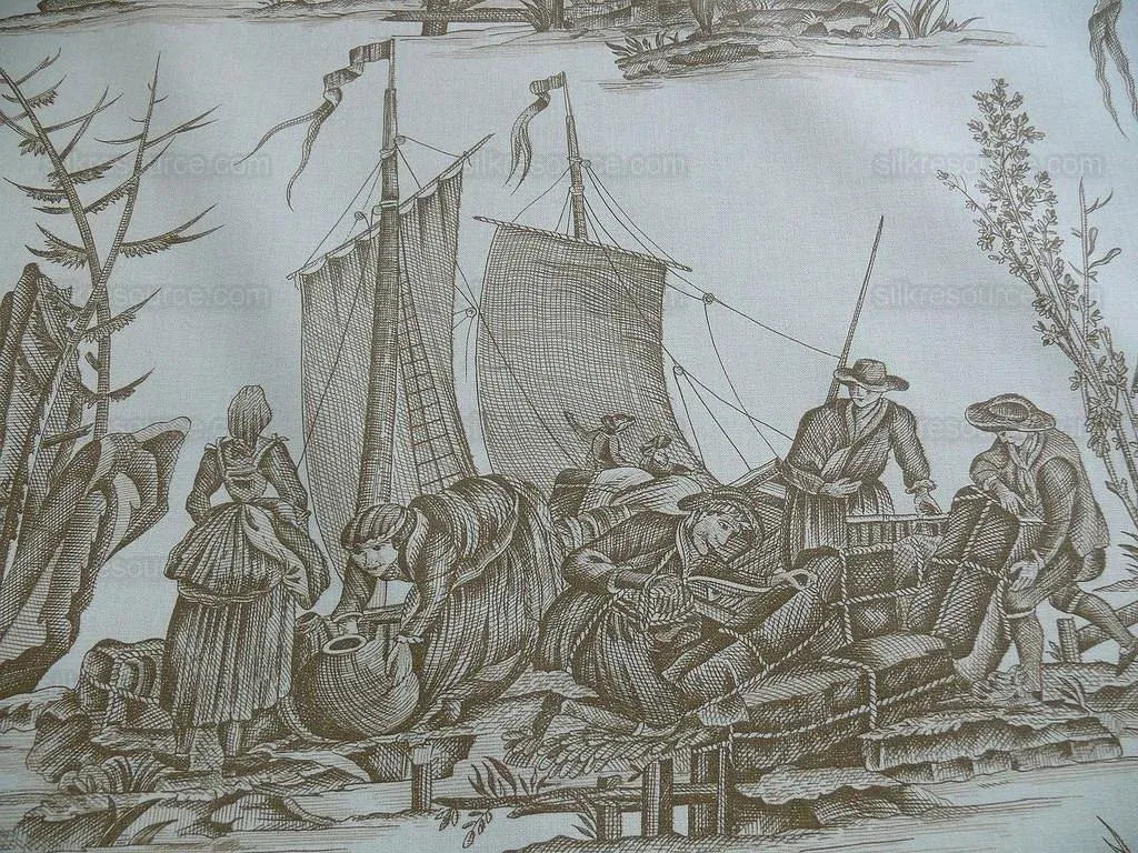 Scalamandre Marine Toile de Jouy Chintz Cotton Ships Sea Voyage Fishing Village Print Sand White MSRP USD 228Y