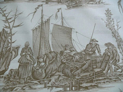 Scalamandre Marine Toile de Jouy Chintz Cotton Ships Sea Voyage Fishing Village Print Sand White MSRP USD 228Y