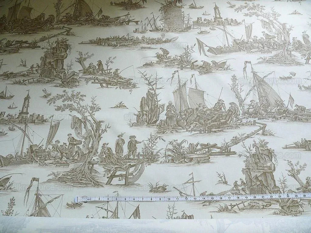 Scalamandre Marine Toile de Jouy Chintz Cotton Ships Sea Voyage Fishing Village Print Sand White MSRP USD 228Y