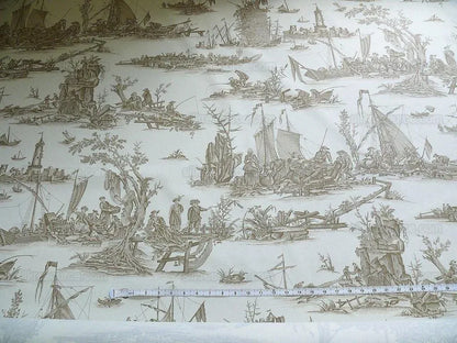 Scalamandre Marine Toile de Jouy Chintz Cotton Ships Sea Voyage Fishing Village Print Sand White MSRP USD 228Y