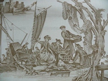 Scalamandre Marine Toile de Jouy Chintz Cotton Ships Sea Voyage Fishing Village Print Sand White MSRP USD 228Y