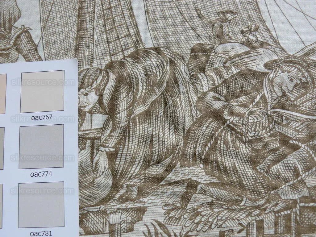 Scalamandre Marine Toile de Jouy Chintz Cotton Ships Sea Voyage Fishing Village Print Sand White MSRP USD 228Y