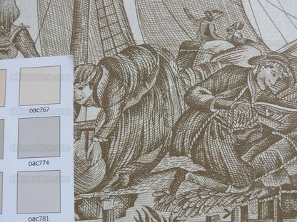 Scalamandre Marine Toile de Jouy Chintz Cotton Ships Sea Voyage Fishing Village Print Sand White MSRP USD 228Y
