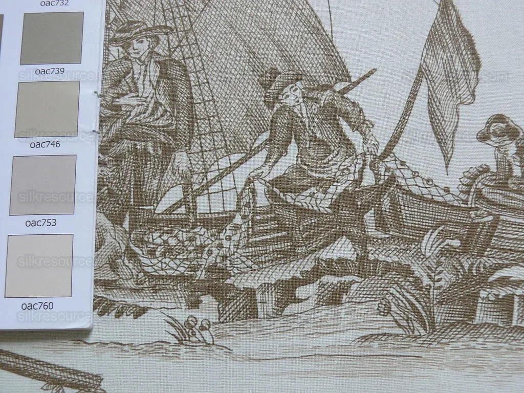 Scalamandre Marine Toile de Jouy Chintz Cotton Ships Sea Voyage Fishing Village Print Sand White MSRP USD 228Y