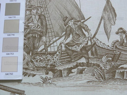Scalamandre Marine Toile de Jouy Chintz Cotton Ships Sea Voyage Fishing Village Print Sand White MSRP USD 228Y