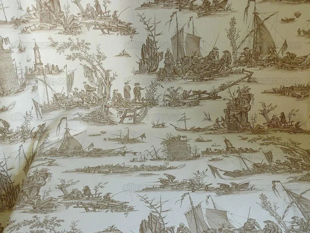 Scalamandre Marine Toile de Jouy Chintz Cotton Ships Sea Voyage Fishing Village Print Sand White MSRP USD 228Y