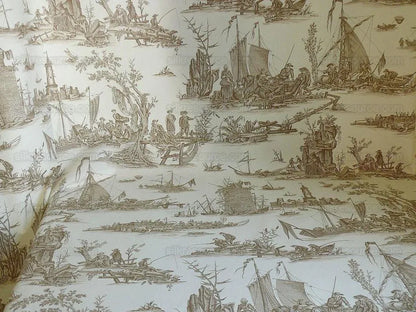 Scalamandre Marine Toile de Jouy Chintz Cotton Ships Sea Voyage Fishing Village Print Sand White MSRP USD 228Y