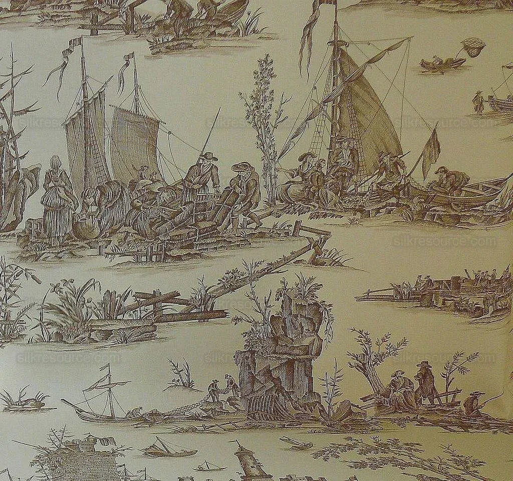 Scalamandre Marine Toile de Jouy Chintz Cotton Ships Sea Voyage Fishing Village Print Sand White MSRP USD 228Y
