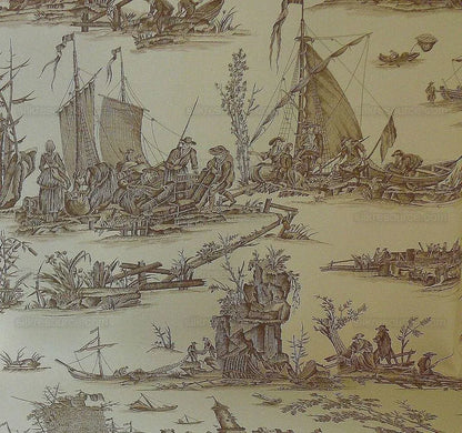 Scalamandre Marine Toile de Jouy Chintz Cotton Ships Sea Voyage Fishing Village Print Sand White MSRP USD 228Y