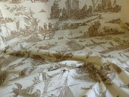Scalamandre Marine Toile de Jouy Chintz Cotton Ships Sea Voyage Fishing Village Print Sand White MSRP USD 228Y