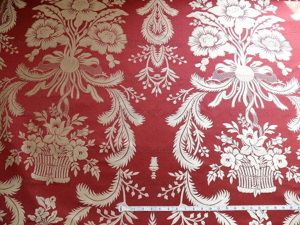 By Yd Scalamandre "Readbourne Bouquet" Silk Lampas Scarlet Red White MSRP USD 450/yard