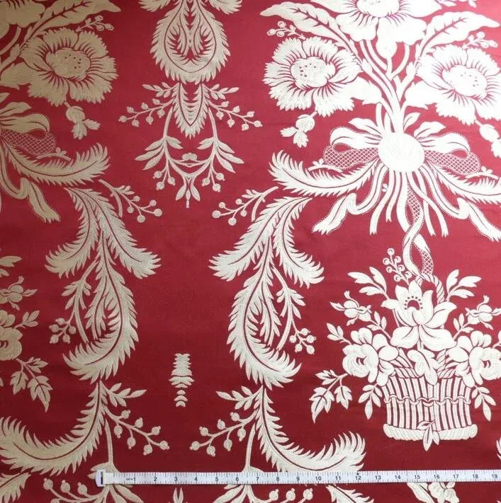 SCALAMANDRE "READBOURNE BOUQUET" SILK LAMPAS, SCARLET BTY