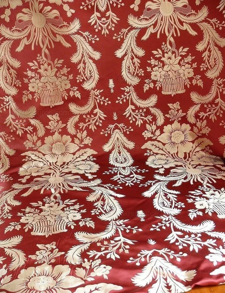 By Yd Scalamandre "Readbourne Bouquet" Silk Lampas Scarlet Red White MSRP USD 450/yard