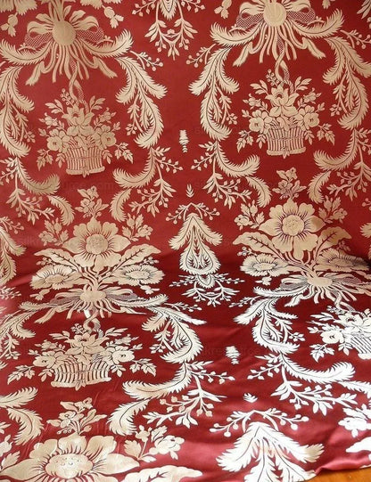 By Yd Scalamandre "Readbourne Bouquet" Silk Lampas Scarlet Red White MSRP USD 450/yard