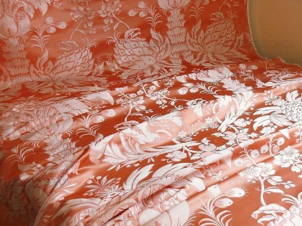 By Yard Scalamandre "NATCHEZ" Silk Lampas in Ripe Peach and Cream Salmon Pink &amp; Off White Silver PineappleWhite 18th C MSRP$1200+/Y