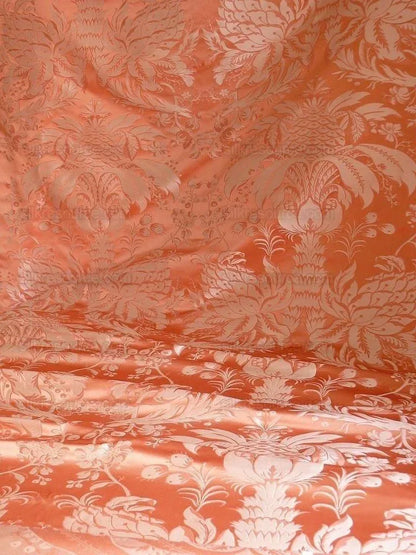 By Yard Scalamandre "NATCHEZ" Silk Lampas in Ripe Peach and Cream Salmon Pink &amp; Off White Silver PineappleWhite 18th C MSRP$1200+/Y