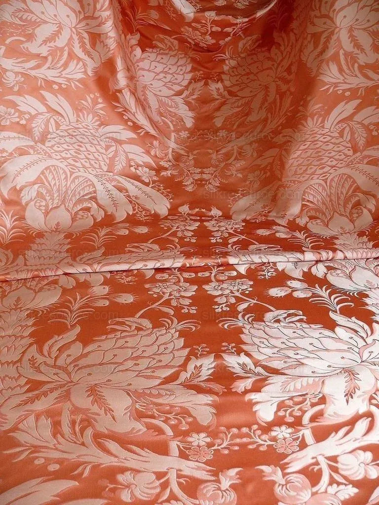 By Yard Scalamandre "NATCHEZ" Silk Lampas in Ripe Peach and Cream Salmon Pink &amp; Off White Silver PineappleWhite 18th C MSRP$1200+/Y