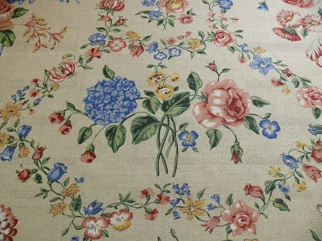 Scalamandre Lady's Fancy Print Rose Pink Green Bright Blue Purple Multi Rose Peony Tulip Hydrangea Raw Linen Heavy 16 Screens MSRP USD 216/y
