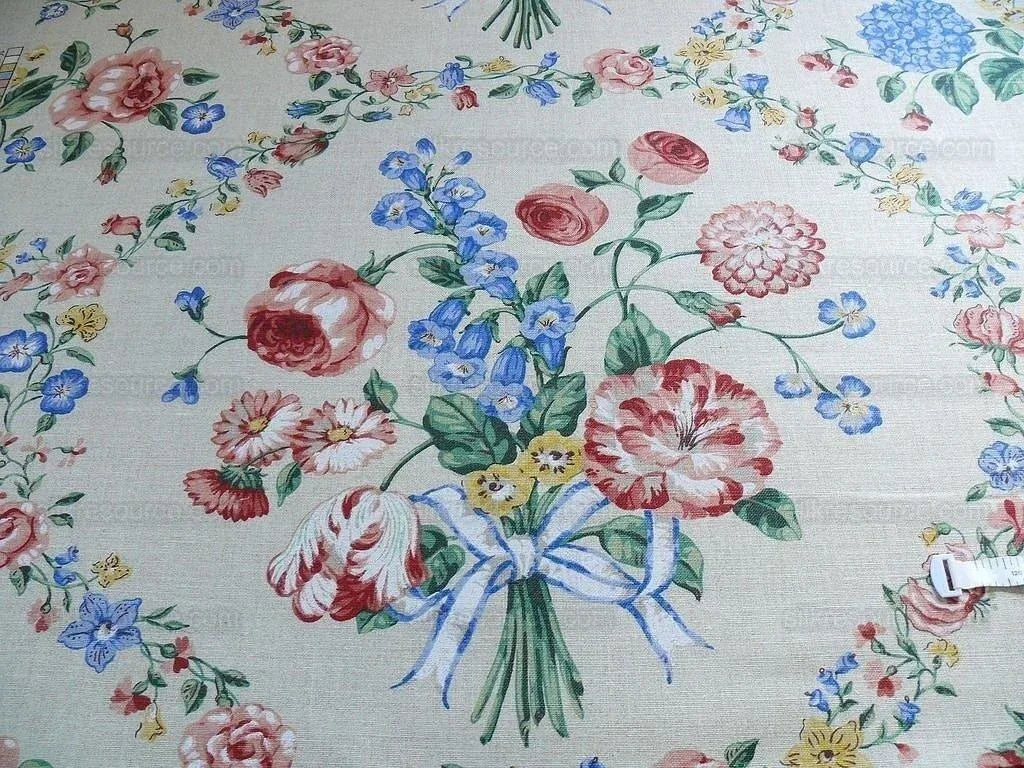 Scalamandre Lady's Fancy Print Rose Pink Green Bright Blue Purple Multi Rose Peony Tulip Hydrangea Raw Linen Heavy 16 Screens MSRP USD 216/y