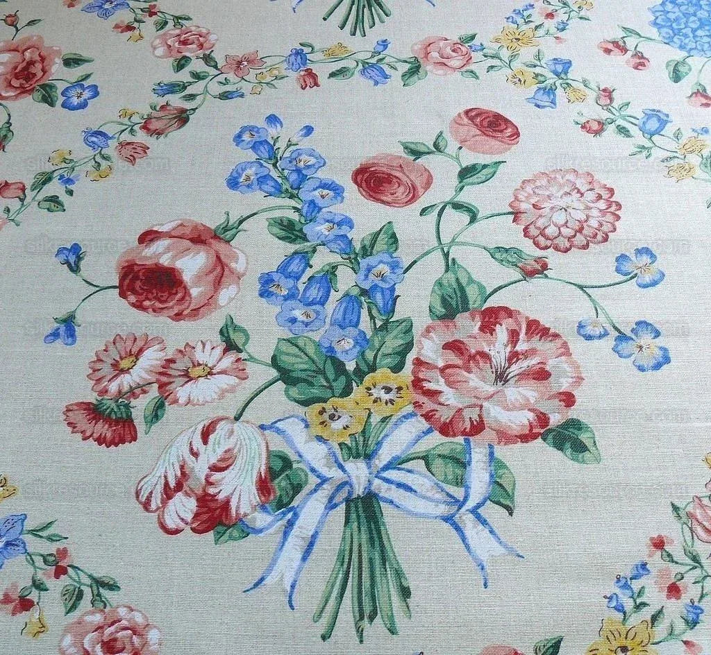 Scalamandre Lady's Fancy Print Rose Pink Green Bright Blue Purple Multi Rose Peony Tulip Hydrangea Raw Linen Heavy 16 Screens MSRP USD 216/y