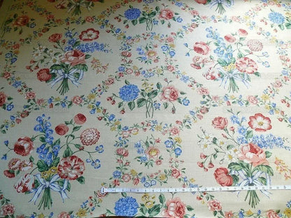 Scalamandre Lady's Fancy Print Rose Pink Green Bright Blue Purple Multi Rose Peony Tulip Hydrangea Raw Linen Heavy 16 Screens MSRP USD 216/y