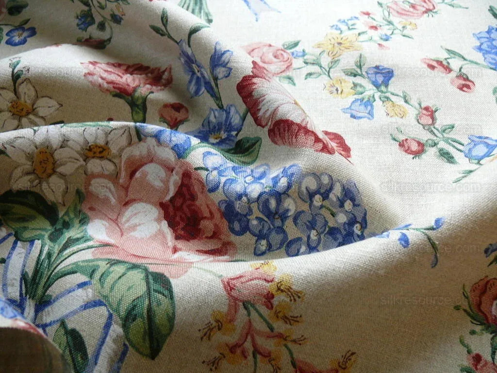 Scalamandre Lady's Fancy Print Rose Pink Green Bright Blue Purple Multi Rose Peony Tulip Hydrangea Raw Linen Heavy 16 Screens MSRP USD 216/y