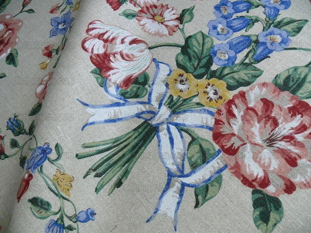 Scalamandre Lady's Fancy Print Rose Pink Green Bright Blue Purple Multi Rose Peony Tulip Hydrangea Raw Linen Heavy 16 Screens MSRP USD 216/y