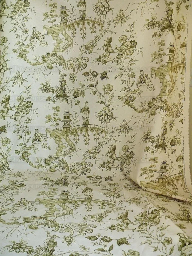 by yard Scalamandre Asian Garden Sage Green White Toile Chinoiserie Pavillion Landscape Figure Music Bty MSRP USD 170