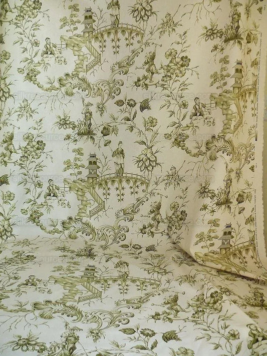 by yard Scalamandre Asian Garden Sage Green White Toile Chinoiserie Pavillion Landscape Figure Music Bty MSRP USD 170