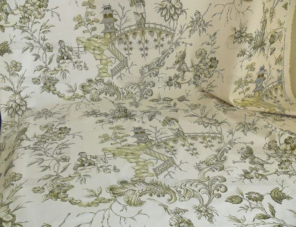 by yard Scalamandre Asian Garden Sage Green White Toile Chinoiserie Pavillion Landscape Figure Music Bty MSRP USD 170