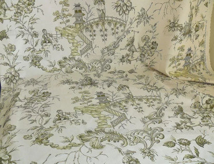 by yard Scalamandre Asian Garden Sage Green White Toile Chinoiserie Pavillion Landscape Figure Music Bty MSRP USD 170