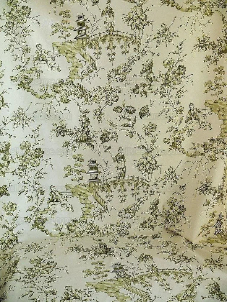by yard Scalamandre Asian Garden Sage Green White Toile Chinoiserie Pavillion Landscape Figure Music Bty MSRP USD 170