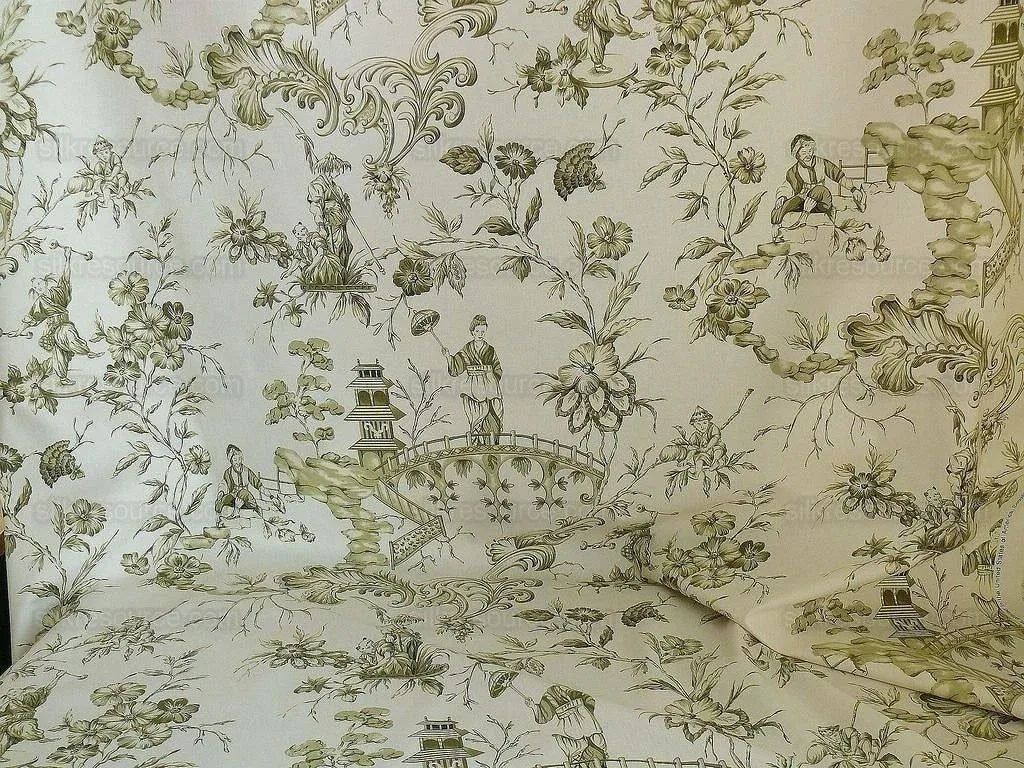 by yard Scalamandre Asian Garden Sage Green White Toile Chinoiserie Pavillion Landscape Figure Music Bty MSRP USD 170