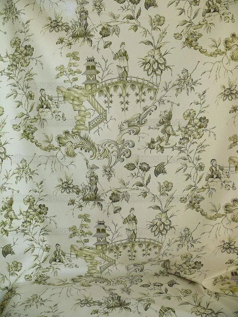 by yard Scalamandre Asian Garden Sage Green White Toile Chinoiserie Pavillion Landscape Figure Music Bty MSRP USD 170