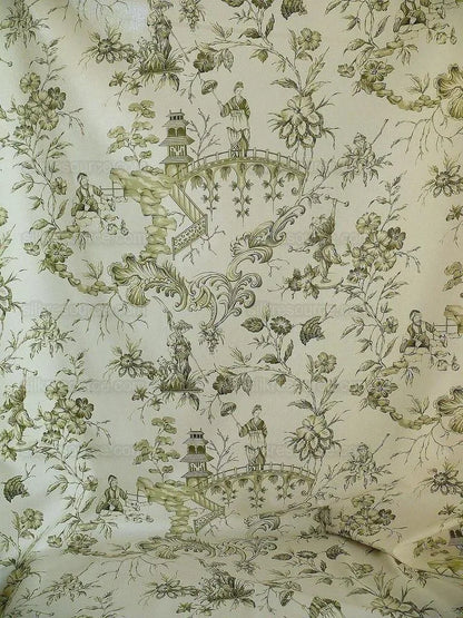by yard Scalamandre Asian Garden Sage Green White Toile Chinoiserie Pavillion Landscape Figure Music Bty MSRP USD 170