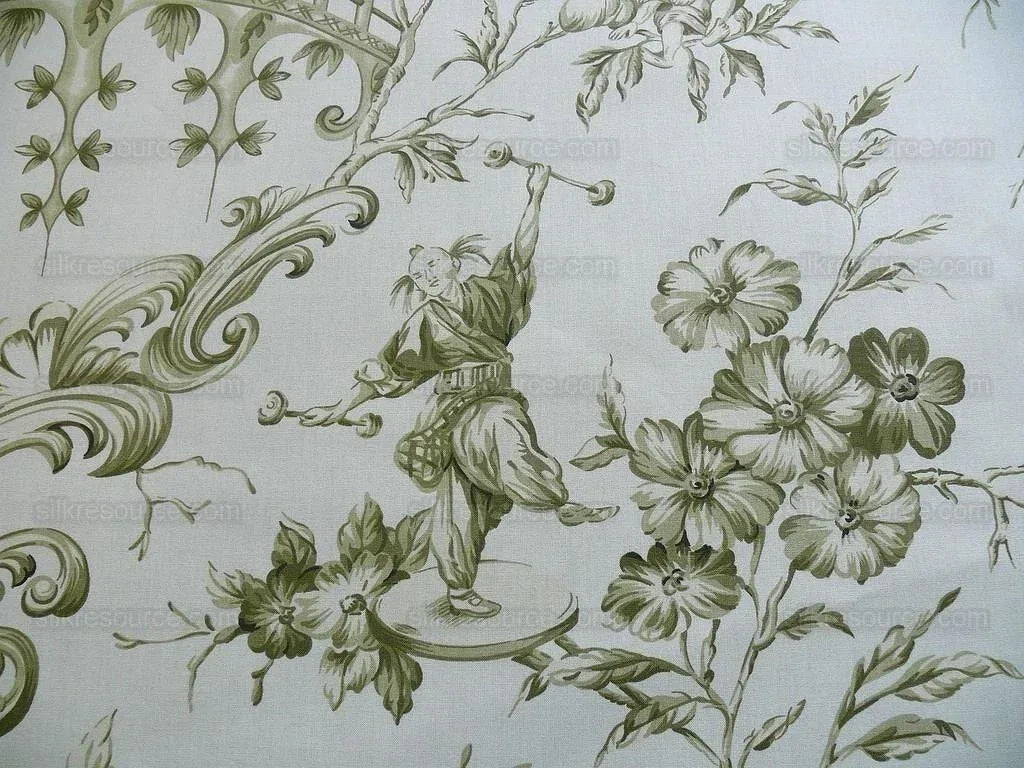 by yard Scalamandre Asian Garden Sage Green White Toile Chinoiserie Pavillion Landscape Figure Music Bty MSRP USD 170