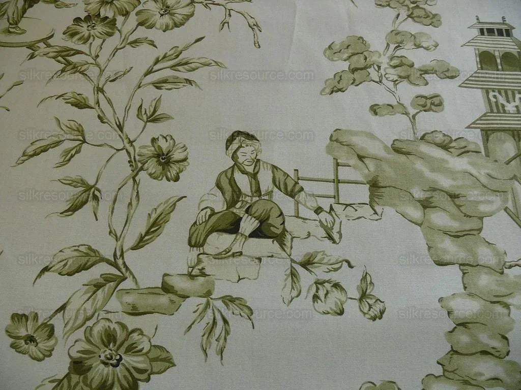 by yard Scalamandre Asian Garden Sage Green White Toile Chinoiserie Pavillion Landscape Figure Music Bty MSRP USD 170