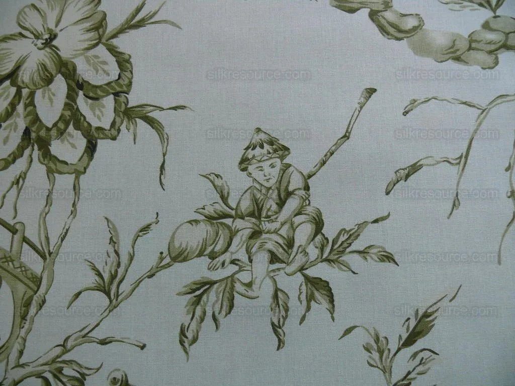 by yard Scalamandre Asian Garden Sage Green White Toile Chinoiserie Pavillion Landscape Figure Music Bty MSRP USD 170
