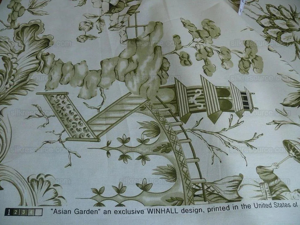 by yard Scalamandre Asian Garden Sage Green White Toile Chinoiserie Pavillion Landscape Figure Music Bty MSRP USD 170