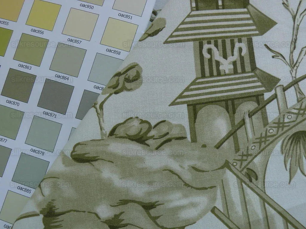 by yard Scalamandre Asian Garden Sage Green White Toile Chinoiserie Pavillion Landscape Figure Music Bty MSRP USD 170