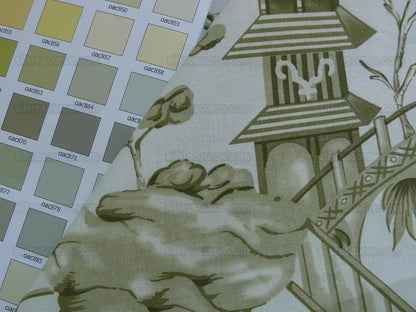 by yard Scalamandre Asian Garden Sage Green White Toile Chinoiserie Pavillion Landscape Figure Music Bty MSRP USD 170