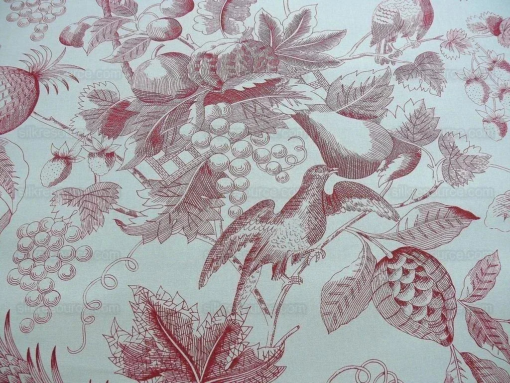 Lee Jofa "buckingham Toile" Scarlet Red And Off White Bird Ribbon Pomegranate Bty