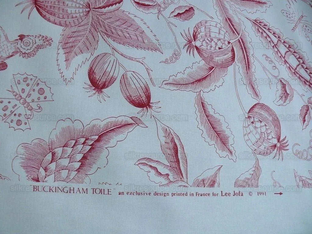 Lee Jofa "buckingham Toile" Scarlet Red And Off White Bird Ribbon Pomegranate Bty